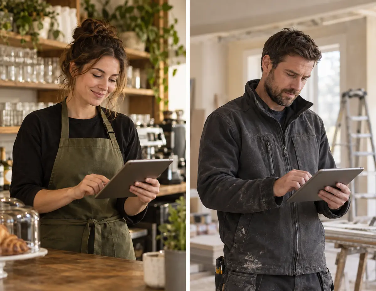 Illustratie van een horecamedewerker en installateur met een tablet